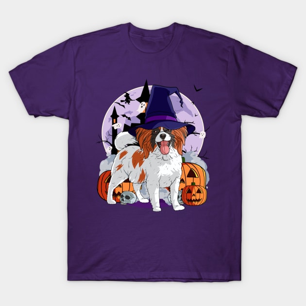 Papillon Cute Dog Scary Halloween Witch Pumpkin T-Shirt by Noseking